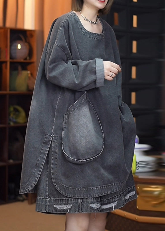 Retro Denim Offene Schwarze Seitenoberteile Herbst Patchwork