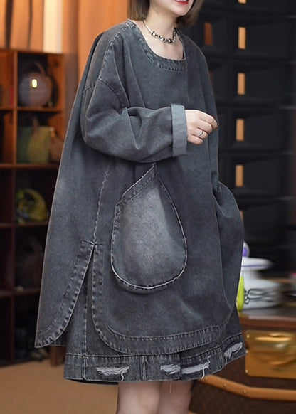 Retro Denim Offene Schwarze Seitenoberteile Herbst Patchwork