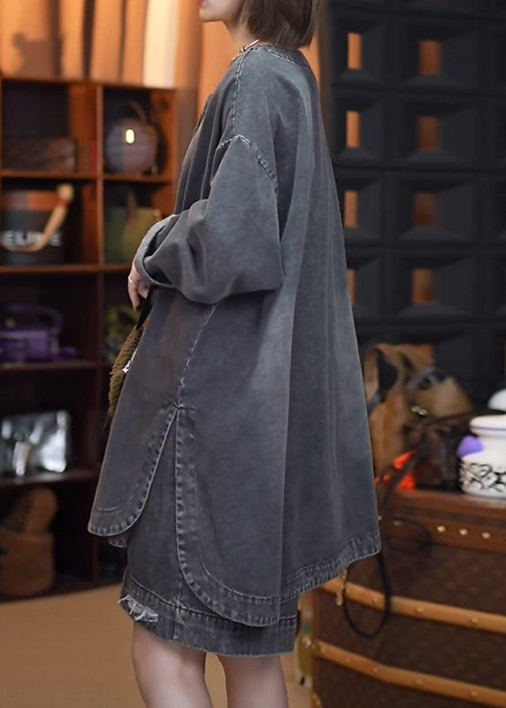 Retro Denim Offene Schwarze Seitenoberteile Herbst Patchwork