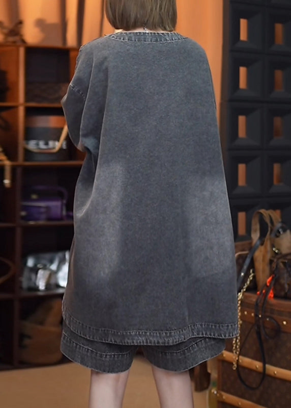 Retro Denim Offene Schwarze Seitenoberteile Herbst Patchwork