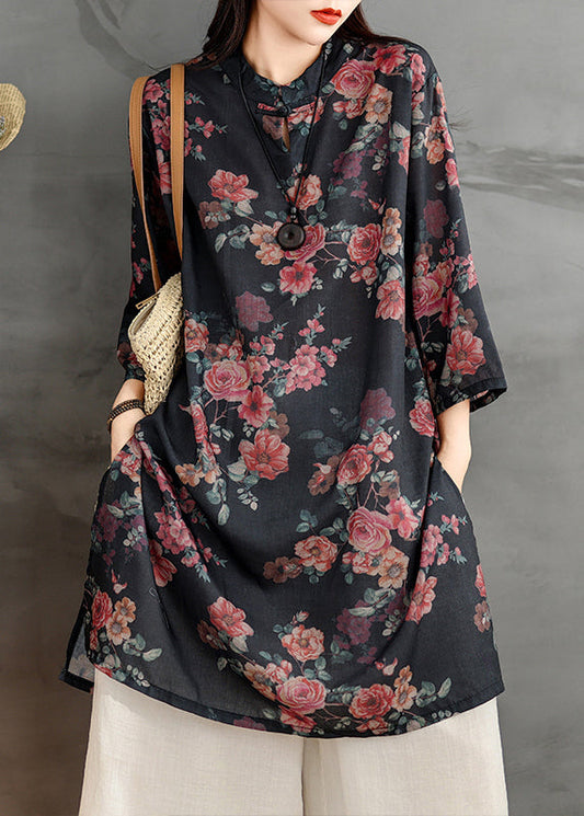 Kragen Kleid Stand Leinen Retro Shirts Seite Offen Print Schwarz