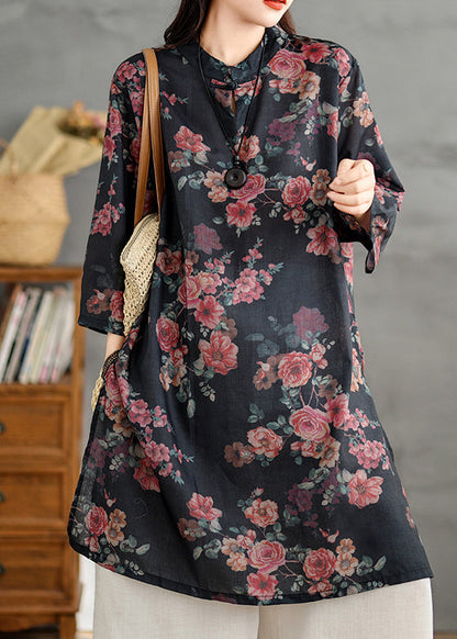 Stand Retro Leinen Seite Offen Print Shirts Schwarz Kragen Kleid