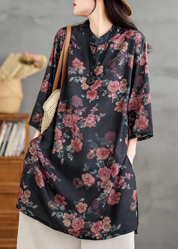 Stand Retro Leinen Seite Offen Print Shirts Schwarz Kragen Kleid