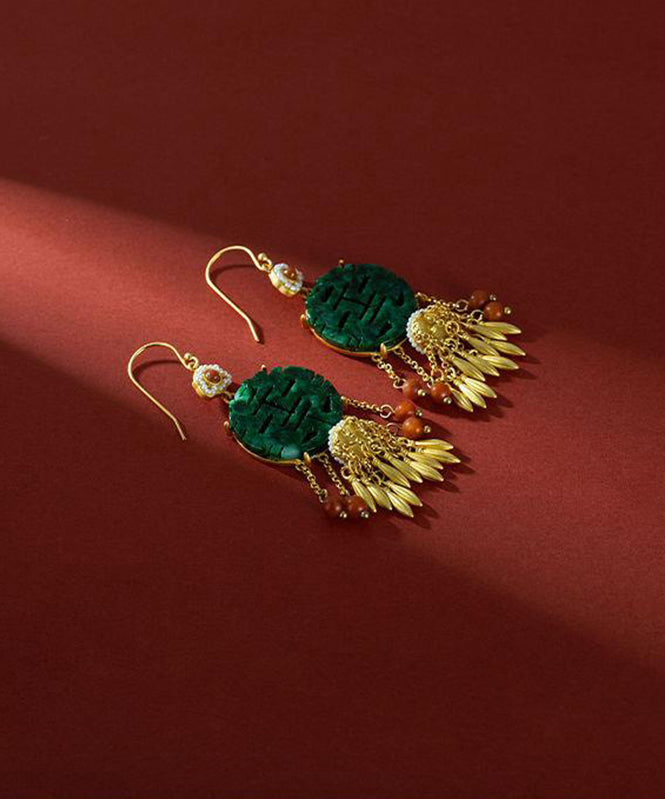 Retro Blackish Green Ancient Gold Inlaid Pearl Jade Agate Tassel Drop Earrings PO029