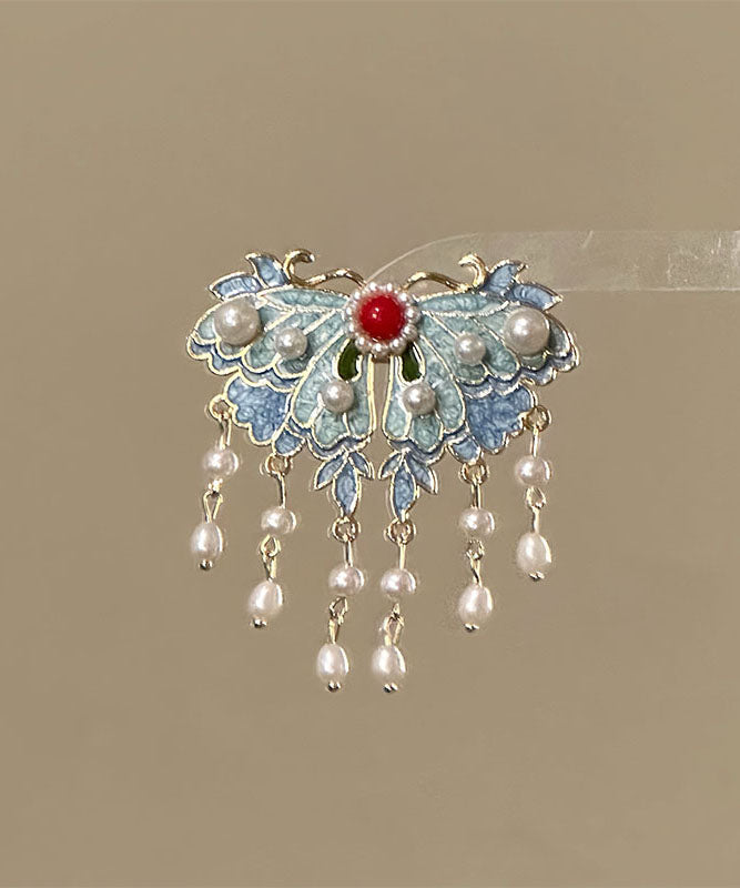 Hairpin Tassel Alloy Retro Blue Pearl Enameling Butterfly