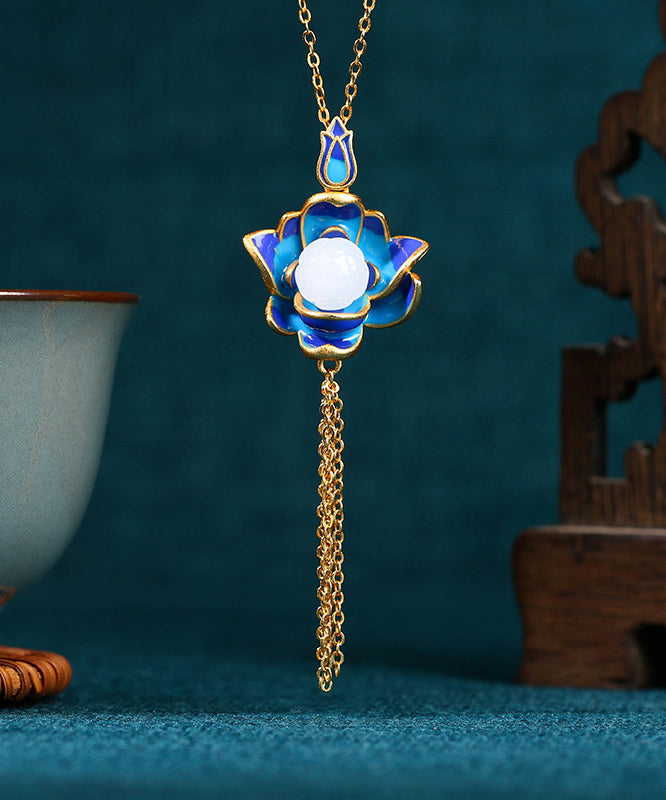 Collier avec pendentif en forme de fleur de lotus en jade bleu rétro antique KX1071