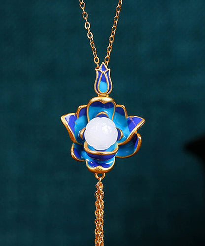 Collier avec pendentif en forme de fleur de lotus en jade bleu rétro antique KX1071