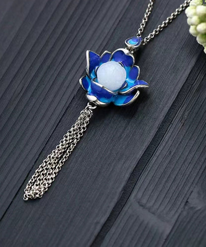 Collier avec pendentif en forme de fleur de lotus en jade bleu rétro antique KX1071