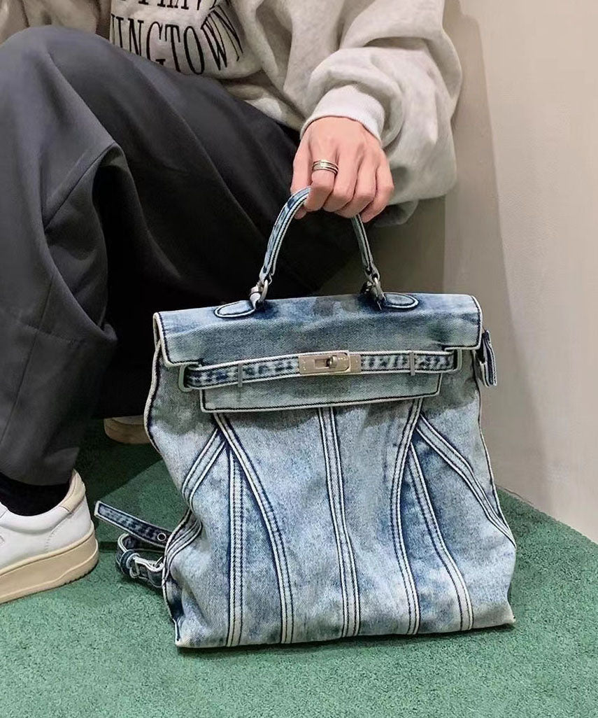 Retro Blau Großer Solider Strapazierfähiger Denim Rucksack GG076