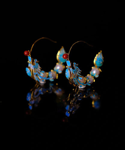 Boucles d'oreilles créoles en forme de dragon en émail et perles d'agate bleue rétro WQ005