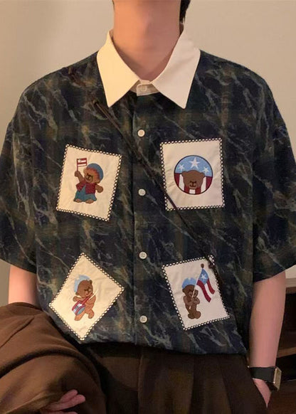 Übergroße Herren Baumwolle Sommerhemden Plaid Blau Knopf