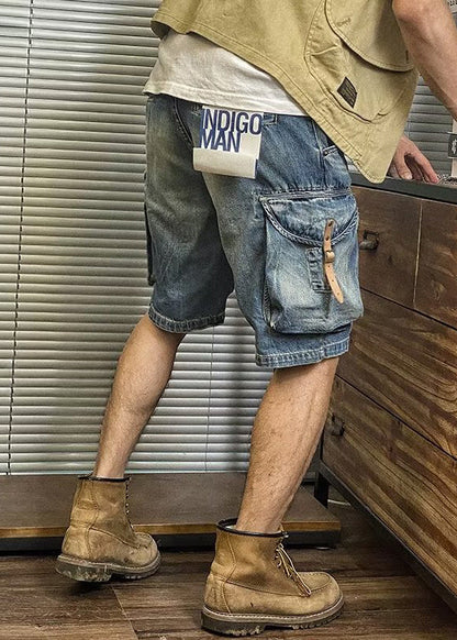 Blue Pockets Waist Shorts Denim Retro Summer Mens High