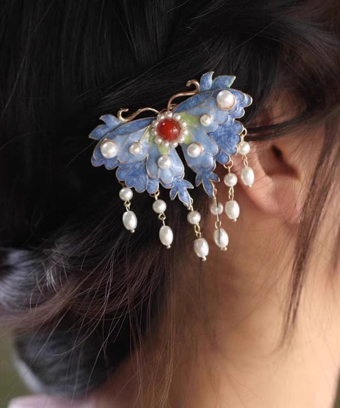 Retro Blau Sterling Silber Overgild Perle Schmetterling Quaste Haarnadel TS009