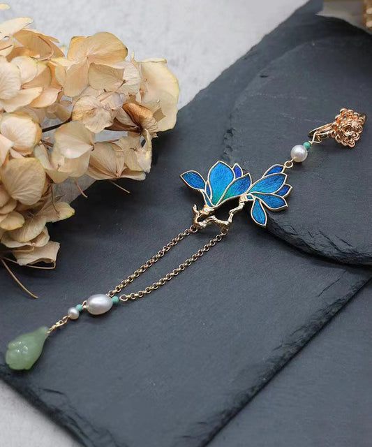 Retro-Brosche mit Quaste aus blauem Sterlingsilber mit vergoldeter Perle und Magnolia Denudata RA025