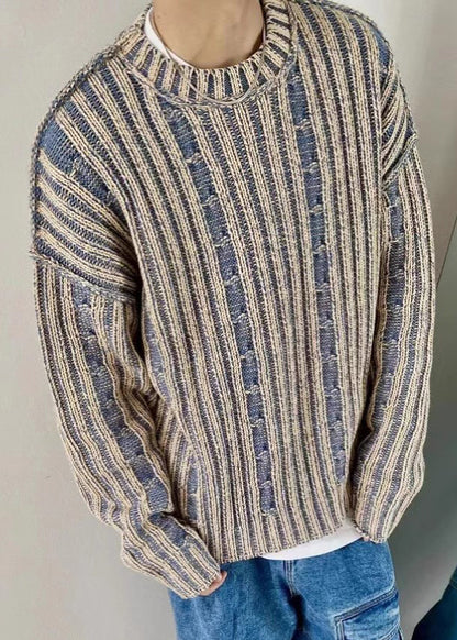 Pull en tricot confortable à rayures bleues rétro pour homme, printemps TK007
