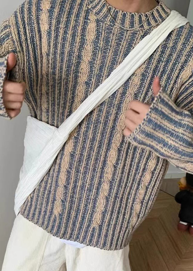 Pull en tricot confortable à rayures bleues rétro pour homme, printemps TK007