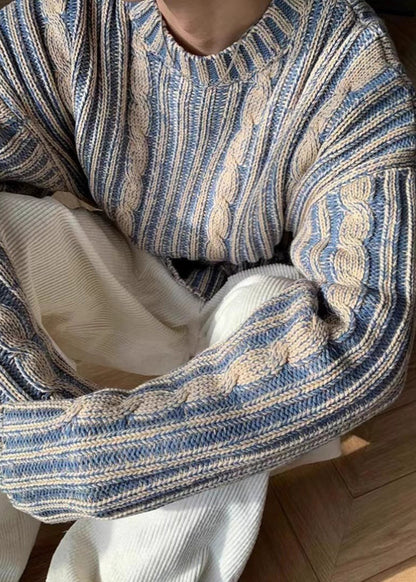 Pull en tricot confortable à rayures bleues rétro pour homme, printemps TK007