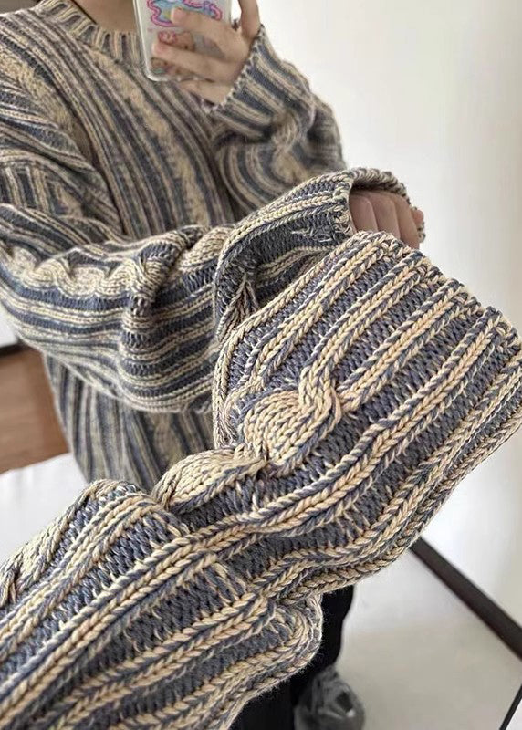 Pull en tricot confortable à rayures bleues rétro pour homme, printemps TK007
