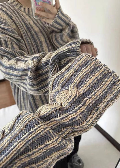 Pull en tricot confortable à rayures bleues rétro pour homme, printemps TK007