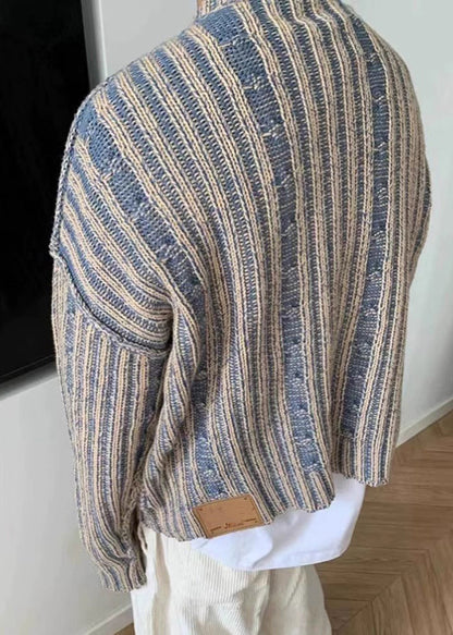 Pull en tricot confortable à rayures bleues rétro pour homme, printemps TK007