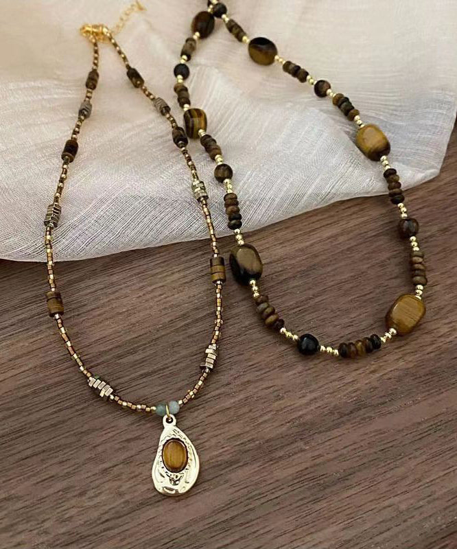 Retro Brown Bilayer Beading Tiger's Eye Pendant Necklace QD040