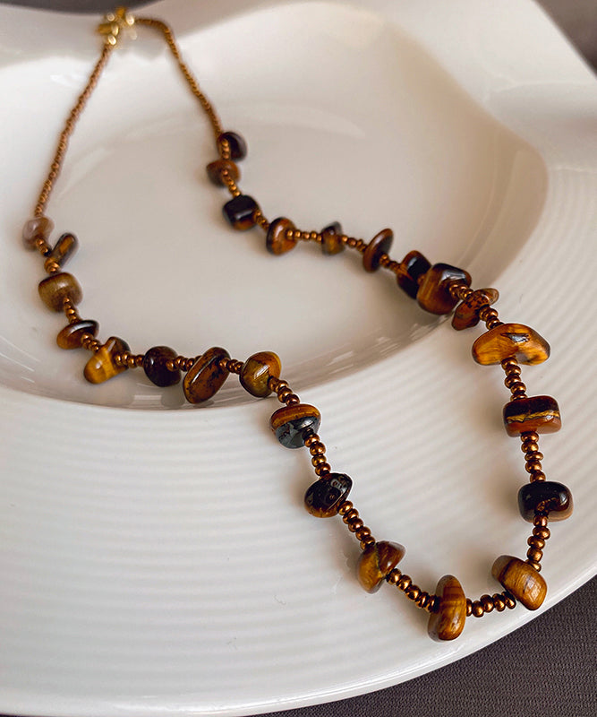 Retro Chocolate Alloy Tiger Eye Stone Beading Gratuated Bead Necklace WI040