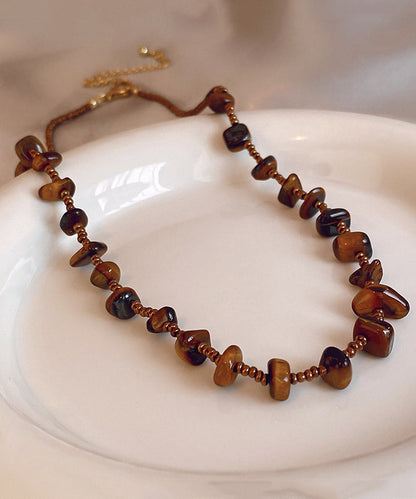 Collier de perles rétro en alliage de chocolat avec œil de tigre et perles graduées WI040