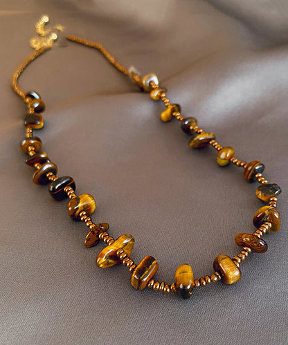 Collier de perles rétro en alliage de chocolat avec œil de tigre et perles graduées WI040