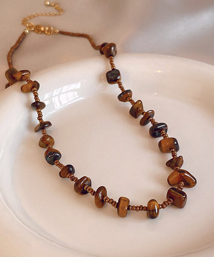 Collier de perles rétro en alliage de chocolat avec œil de tigre et perles graduées WI040