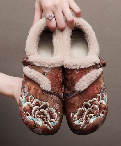 Retro Kaffee Stickerei Flache Schuhe Spleißen Fuzzy Wolle Gefüttert TQ051