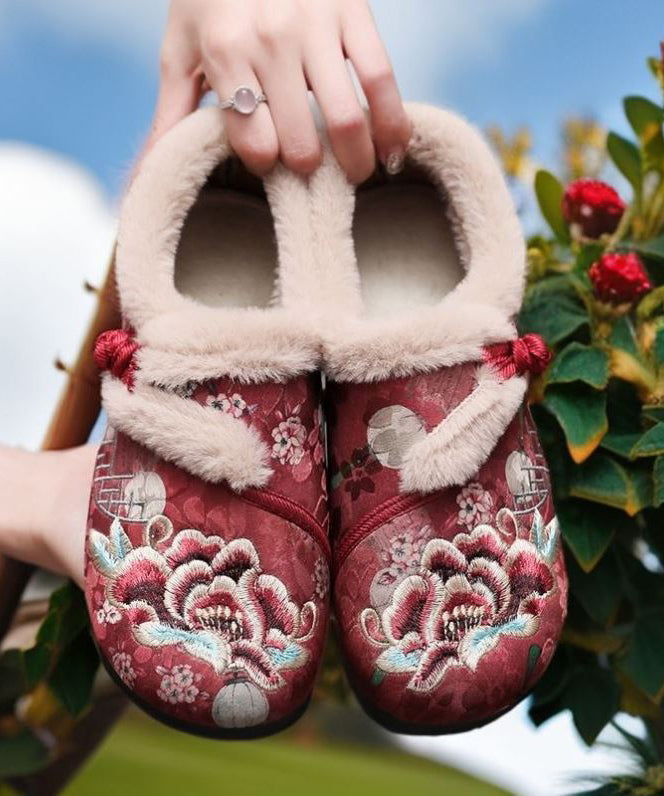 Retro Kaffee Stickerei Flache Schuhe Spleißen Fuzzy Wolle Gefüttert TQ051