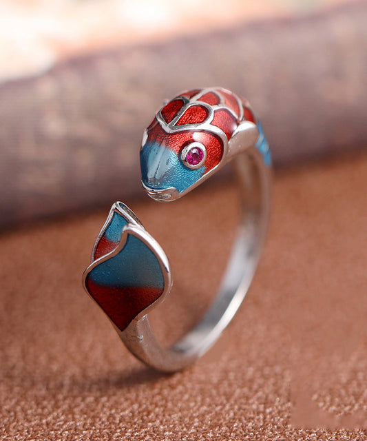 Retro Colorblock Offene Sterling Silber Cloisonné Brokat Karpfen Ringe YI018