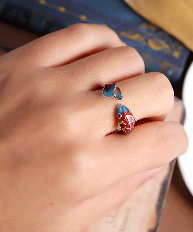 Bague ouverte en argent sterling avec motif carpe cloisonné et brocart rétro colorblock YI018