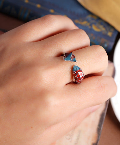 Bague ouverte en argent sterling avec motif carpe cloisonné et brocart rétro colorblock YI018