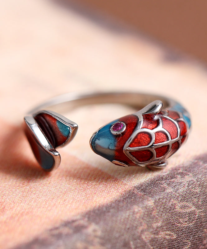 Bague ouverte en argent sterling avec motif carpe cloisonné et brocart rétro colorblock YI018