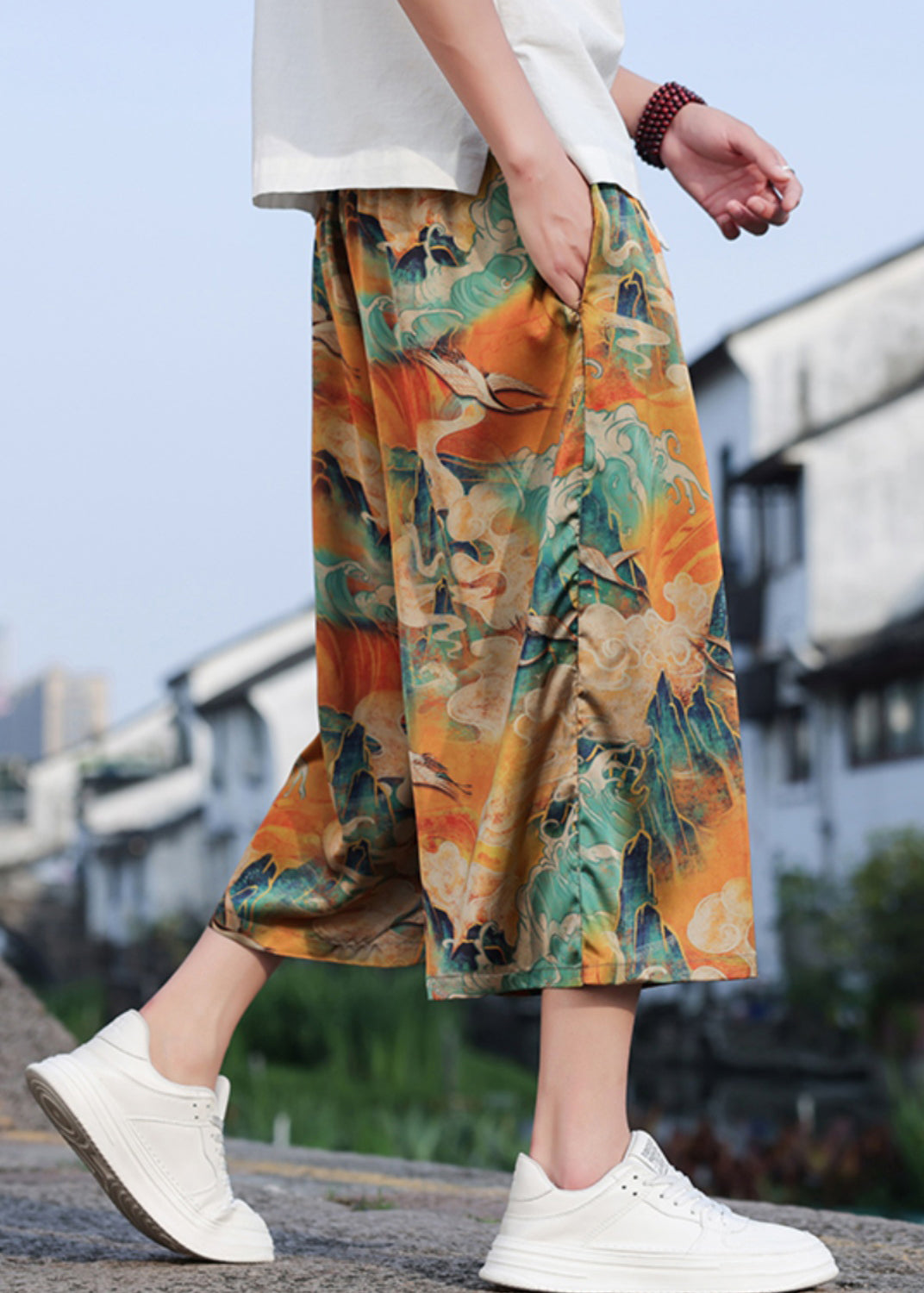 Retro Dragon Printed Oversized Men Wide Leg Pants Summer SA060