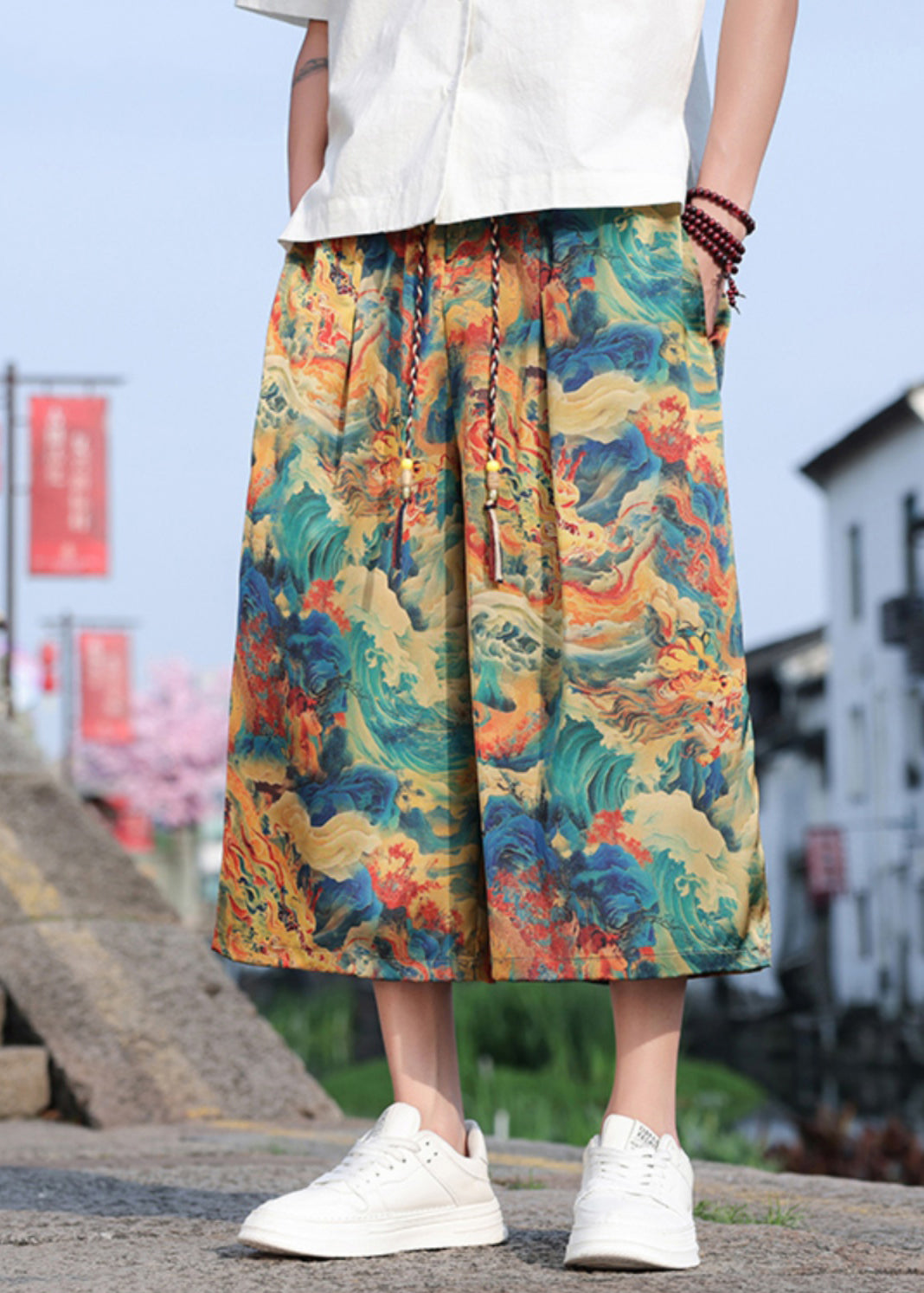 Retro Dragon Printed Oversized Men Wide Leg Pants Summer SA060