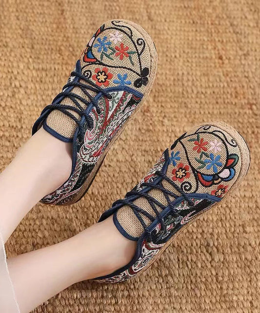 Retro Ethnic Style Embroidered Lace Up Linen Flat Shoes XC1041