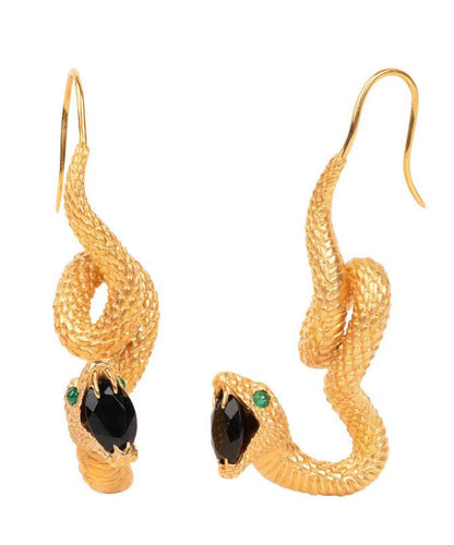 Boucles d'oreilles pendantes en forme de serpent avec agate noire et émeraude en or 14 carats rétro WO009