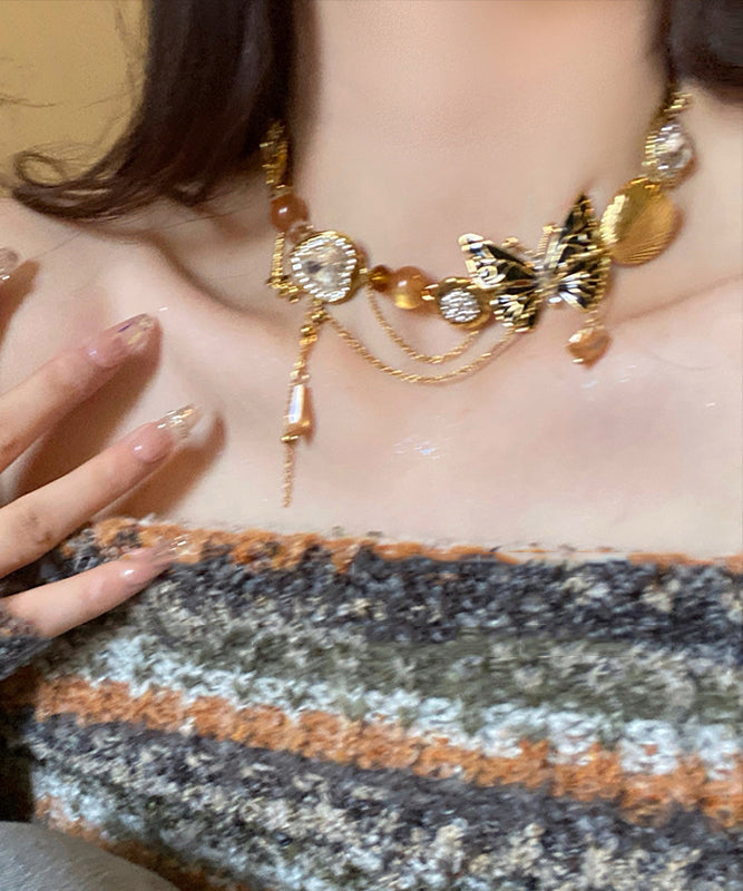 Collier rétro avec pendentif en perles de cristal et zircon, en or, cuivre et résine, YU016
