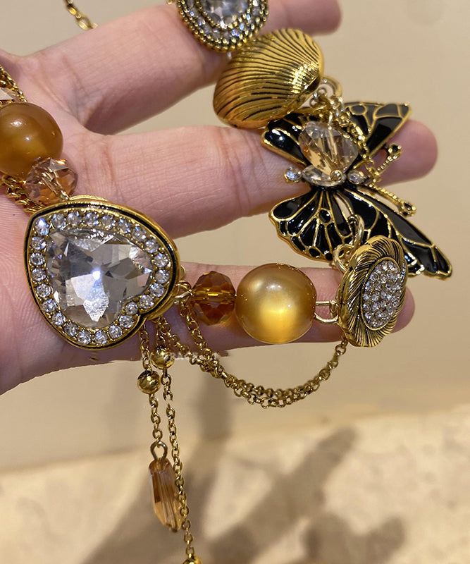 Collier rétro avec pendentif en perles de cristal et zircon, en or, cuivre et résine, YU016