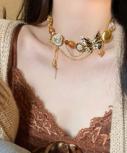 Collier rétro avec pendentif en perles de cristal et zircon, en or, cuivre et résine, YU016