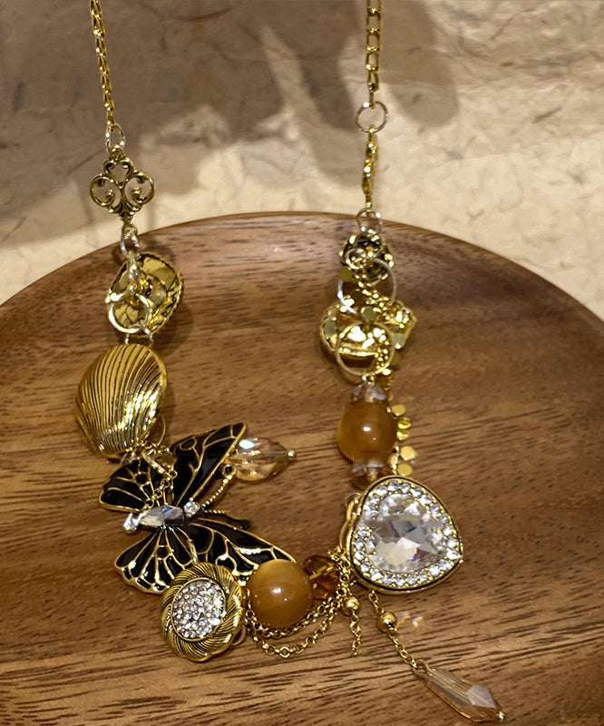 Collier rétro avec pendentif en perles de cristal et zircon, en or, cuivre et résine, YU016