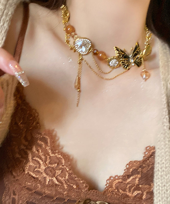 Collier rétro avec pendentif en perles de cristal et zircon, en or, cuivre et résine, YU016