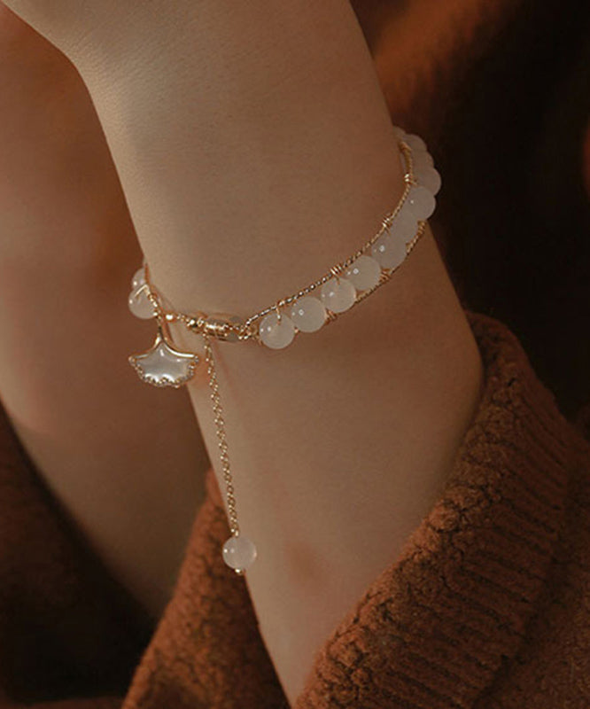 Retro Gold Sterling Silver Alloy Ginkgo Leaves Beading Tassel Charm Bracelet WF018