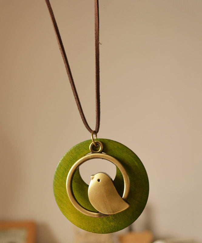 Collier pendentif petit oiseau en tissu de coton vert rétro YI008