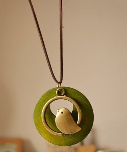Collier pendentif petit oiseau en tissu de coton vert rétro YI008