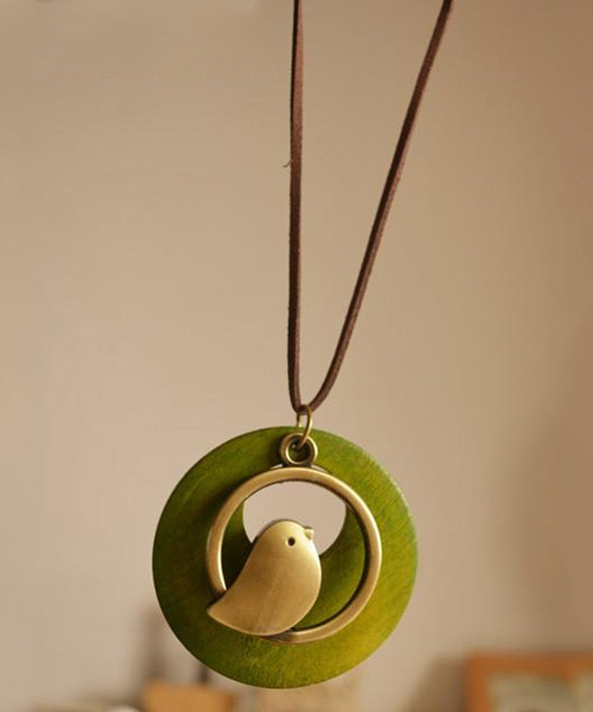 Collier pendentif petit oiseau en tissu de coton vert rétro YI008