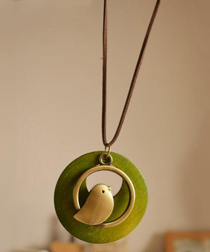 Collier pendentif petit oiseau en tissu de coton vert rétro YI008