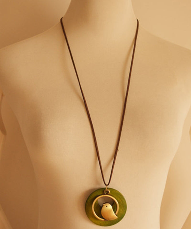 Collier pendentif petit oiseau en tissu de coton vert rétro YI008